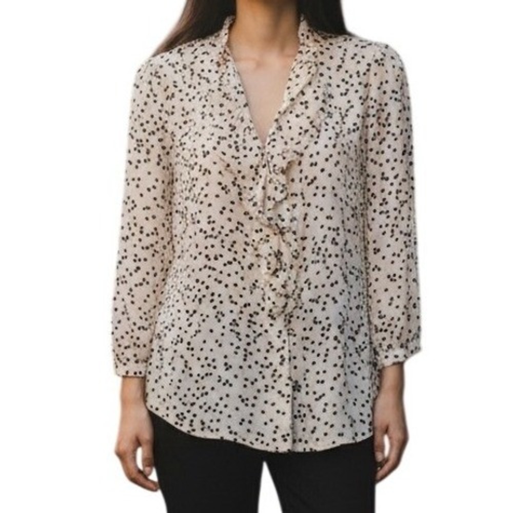 ANTHROPOLOGIE HD IN PARIS Polka Dot Ruffle V-Neck Blouse Cream Black EUC Size 2